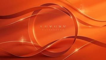 Orange luxury background with circle frame decoration and golden 3d ribbon and glitter light effect element. vector