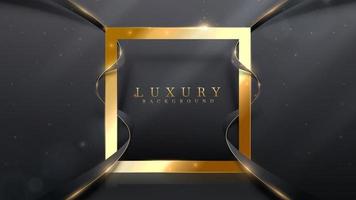 Golden square frame and black ribbon elements with glitter light effects and bokeh decoration. Luxury style background.