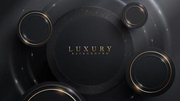 Black luxury background with circle frame element with golden line decoration and glitter light effect. vector