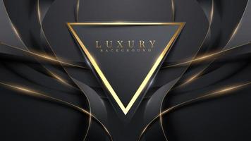 Golden triangle frame and black ribbon elements with glitter light effects decoration. Luxury style dark tone background design. vector