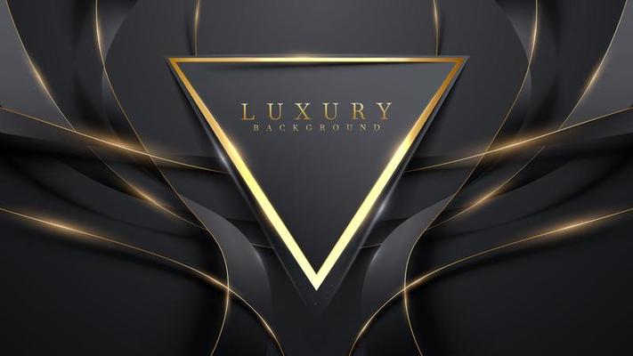 Golden triangle frame and black ribbon elements with glitter light effects decoration. Luxury style dark tone background design.
