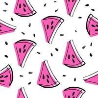 Seamless pattern with hand drawn watermelon slices with seeds vector illustration. Summer, bright, party fabric texture with seeds on isolated pink background.