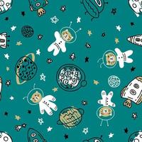 Doodle seamless pattern with cats astronauts explore universe. vector