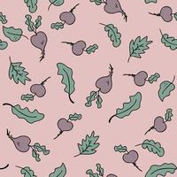 Hand drawn seamless pattern with vegetables beets and salad leaves. vector