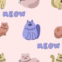 Hand drawn seamless pattern with fat funny cats and text MEOW. vector