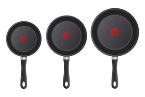 Three frying pan of different sizes in top view vector