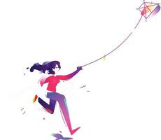 The girl is launching a kite. Start a new project, start-up. Character of a business lady. Vector illustration in a flat style. Illustration for web banner, poster and print. Company character.