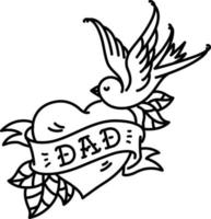 A tattoo with the inscription of Dad. Heart tattoo with a birdie. Tattoo in the style of the American old school. Vector flat tattoo. The illustration is isolated on a white background.