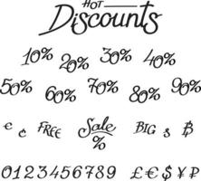 A set of discounts, digits, currency signs. Vector lettering, calligraphy. An inscription for shops and price tags. Currency signs. The sizes of discounts. Seasonal sales.