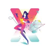 Illustration of a girl. Letter X on the background. Vector flat gradient illustration. Image for the banner of the website and print. Geometry. Alphabet of science. Educational promo materials.