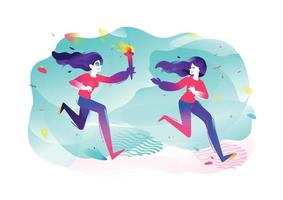 Illustration of girls with a torch. Running girls. Vector flat illustration. Illustration for banner and print. Image is isolated on white background. Gradient. Business illustration. The startup.