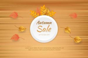 banner de venta de otoño con fondo de textura de madera vector