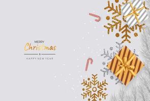 feliz año nuevo tarjeta de felicitación con copos de nieve de navidad de oro metálico y caja de regalo sobre fondo blanco vector