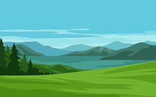 Beautiful flat mountain and lake landscape vector