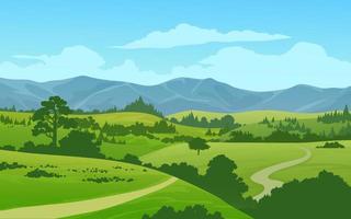 Beautiful sunny day landscape in countryside with mountain, forest and meadow vector