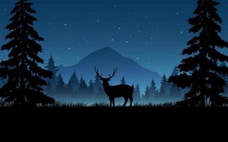 Beautiful night in forest with reindeer, pine trees and mountain vector