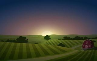 Countryside sunset landscape with barn and pathway vector