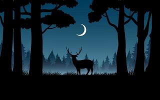 Bright misty night in forest with deer and crescent moon vector