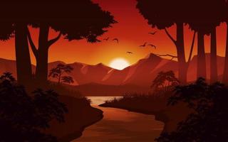 Glowing sky at sundown in forest. Forest sunset landscape with river vector