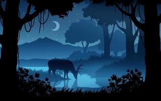 hermosa noche de niebla en el bosque con ciervos, río y luna creciente vector