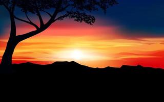 ilustración de puesta de sol dorada brillante con una silueta de árbol y montaña