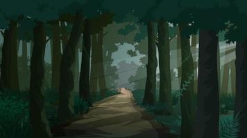 Pathway through dark forest illustration with sunrays vector