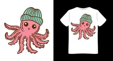 Hand drawn octopus wearing beanie hat t-shirt design vector