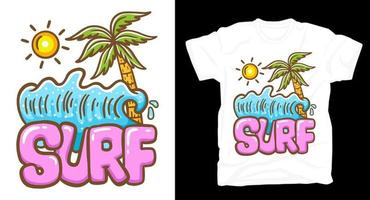 tipografía de surf con palma de olas y diseño de camiseta con ilustración de sol vector