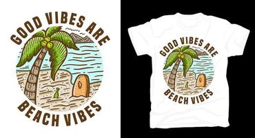 buenas vibraciones son tipografía de vibraciones de playa con isla y camiseta de palma vector