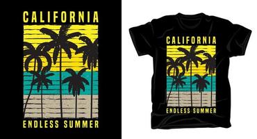 tipografía de verano sin fin de california con diseño de camiseta de palmeras vector