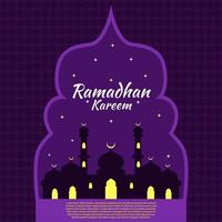 Ramadan Kareem greeting design in purple color. mosque silhouette vector