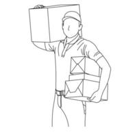 Illustration line drawings a male courier holding a clipboard and carries cardboard while standing. Delivery Courier with clipboard and cardboard boxes. Delivering package isolated on white background vector