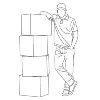 Illustration line drawings a satisfied and proud young delivery man leaning on a stack of boxes. Delivery Couriers is ready to bring many cardboard boxes isolated on white background vector