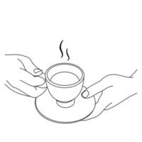 Illustration line drawing a hands holding a fresh cup of coffee or tea hot. Cup of italian or americano coffee espresso. Breakfast concept or vintage. Have a nice day. Isolated on white background vector