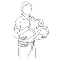 Delivery man is sending the package to customer. The customers receiving package from delivery man. Happy customer delivery. Happy delivery man giving package and getting signature from customer vector