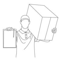 Illustration line drawings a male courier holding a clipboard and carries cardboard while standing. Delivery Courier with clipboard and cardboard boxes. Delivering package isolated on white background vector