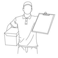 Illustration line drawings a male courier holding a clipboard and carries cardboard while standing. Delivery Courier with clipboard and cardboard boxes. Delivering package isolated on white background vector