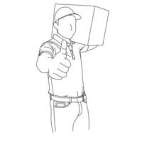 Illustration line drawings a male courier in t-shirts holding a cardboard while standing. Delivery couriers bring cardboard boxes on shoulders or arm. Carrying packages while gesturing thumb up sign vector