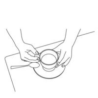 Illustration line drawing a hands holding a fresh cup of coffee or tea hot. Cup of italian or americano coffee espresso. Breakfast concept or vintage. Have a nice day. Isolated on white background vector