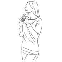 joven inteligente hermosa mujer sonriente disfrutando del aroma de una taza de café o té recién hecho. una mujer bebiendo su café de la mañana. mujer feliz sosteniendo una taza y bebiendo café durante el desayuno, que tengas un buen día vector