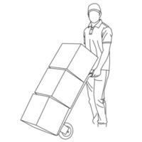 Illustration line drawings a male courier holding a cardboard while standing. Delivery Courier with cardboard boxes. Delivery man is ready to push lots of cardboard boxes using a trolley vector