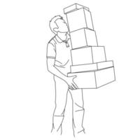 Illustration line drawings a delivery courier carrying a stack of cardboard while standing. Delivery man balancing stack of boxes. Delivery Couriers bring many cardboard isolated on white background vector