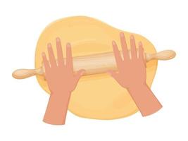 Hands with fresh dough and rolling pin. Rolled out dough for baking, pizza, cookie, biscuit, bread. vector