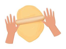 Hands with fresh dough and rolling pin. Rolled out dough for baking, pizza, cookie, biscuit, bread. vector