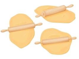 Fresh dough and rolling pin set. Rolled out dough for baking, pizza, cookie, biscuit, bread. vector