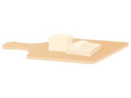 Wooden cutting board with tofu. Soy cheese and board isolated on white background. vector