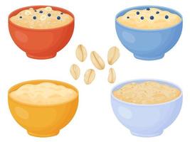 Oatmeal breakfast cups set. Oat grain porridge. Cartoon style muesli. Vector illustration isolated on white background.