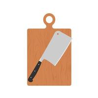 Butcher knife with black handle on kitchen cutting board. Kitchen cleaver knife for meat. Flat style. vector