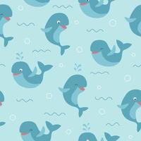 Seamless pattern of cute whales with waves on blue background vector