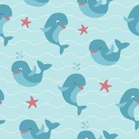 Seamless pattern of cute whales and starfish with waves on blue background vector